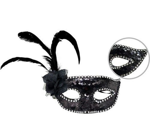 toptan-xml-dropshipping-Siyah Renk Yandan Tüylü Güllü Gümüş Taşlı Pullu Maske 20x22 cm