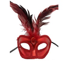 Kırmızı Renk Rugan Kaplama Kırmızı Tüylü Parti Maskesi 18x20 cm