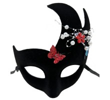 Siyah Renk İncili Taşlı Süet Kaplama Venedik Parti Maskesi 20x22 cm