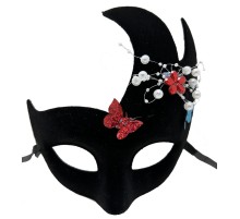 Siyah Renk İncili Taşlı Süet Kaplama Venedik Parti Maskesi 20x22 cm