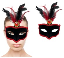 Kırmızı Dantelli Siyah Kırmızı Tüylü Siyah Süet Kaplama Parti Maskesi 17x25 cm