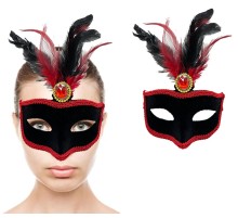 Kırmızı Dantelli Siyah Kırmızı Tüylü Siyah Süet Kaplama Parti Maskesi 17x25 cm