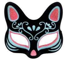 Siyah Renk Üzeri Mavi Kırmızı Simli Süet Kaplama Kedi Maskesi 17x14 cm
