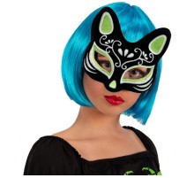 Siyah Renk Üzeri Gümüş Yeşil Simli Süet Kaplama Kedi Maskesi 17x14 cm