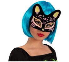 Siyah Renk Süet Kaplama Üzeri Sarı Pembe Simli Kedi Maskesi 17x14 cm