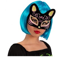 Siyah Renk Süet Kaplama Üzeri Sarı Pembe Simli Kedi Maskesi 17x14 cm