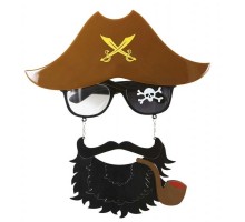 Kahve Renk Şapkalı Siyah Sakallı Pipolu Jack Sparrow Denizci Korsan Gözlüğü 24x25 cm