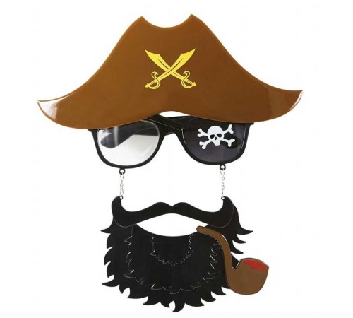 toptan-xml-dropshipping-Kahve Renk Şapkalı Siyah Sakallı Pipolu Jack Sparrow Denizci Korsan Gözlüğü 24x25 cm