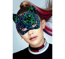 Siyah Kadife Kumaş Üzerine Mavi Yeşil Payetli Pullu Parti Maskesi 16x14 cm