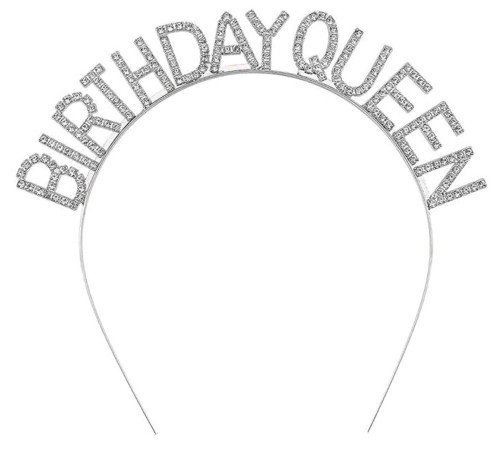 toptan-xml-dropshipping-Gümüş Renk Kristal Taşlı Parlak Birthday Queen Yazılı Kraliçe Taç 16x17 cm