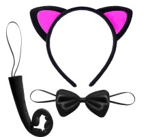 Kedi Kulak Taç Kuyruk ve Papyon 3 lü Set Çocuk Boy Fuşya Renk