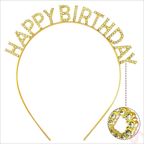 toptan-xml-dropshipping-Altın Gold Renk Kristal Taşlı Parlak Happy Birthday Taç 16x17 cm
