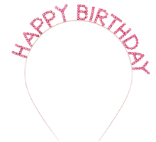 Pembe Renk Kristal Taşlı Gold Renk Kaplama Happy Birthday Taç 16x17 cm