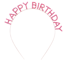 Pembe Renk Kristal Taşlı Gold Renk Kaplama Happy Birthday Taç 16x17 cm