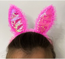 Kenarları Dantelli Fuşya Pullu Payetli Led Işıklı Tavşan Kulak Taç 23x19 cm