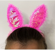 Kenarları Dantelli Fuşya Pullu Payetli Led Işıklı Tavşan Kulak Taç 23x19 cm
