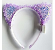 Kenarları Dantelli Mor Pullu Payetli Led Işıklı Kedi Kulak Taç 17x19 cm