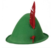 Yeşil Renk Kırmızı Tüylü Peter Pan Şapkası Robin Hood Şapkası 24X23 cm