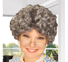 Gri Renk Kıvırcık Yaşlı Peruk Büyükanne Peruğu Astarlı Bonus