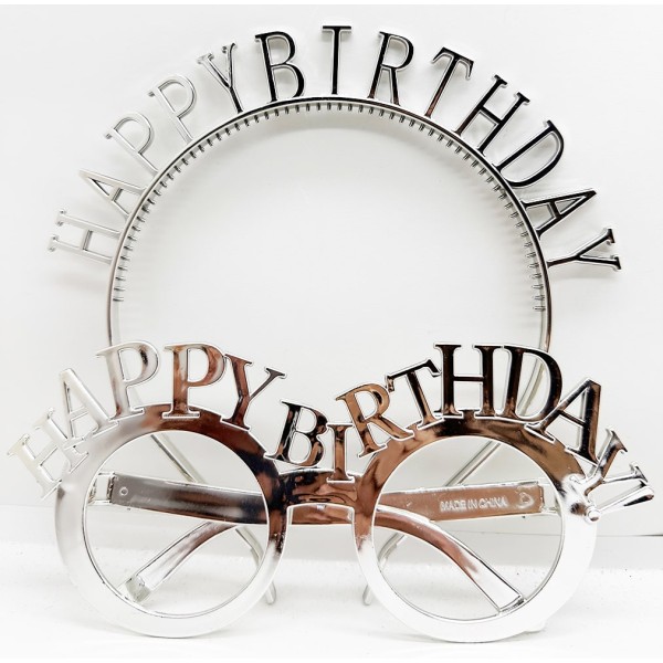 toptan-xml-dropshipping-Happy Birthday Yazılı Taç ve Happy Birthday Yazılı Gözlük Seti Gümüş Renk