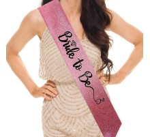 Pembe Üzeri Siyah İtalik Alyanslı Bride To Be Yazılı Simli Işıltılı Kuşak Kemer 10x80 cm