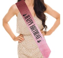 Pembe Üzeri Siyah Büyük Happy Birthday Yazılı Simli Işıltılı Kuşak Kemer 10 cm Genişlik