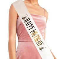 Beyaz Üzeri Altın Büyük Happy Birthday Yazılı Simli Işıltılı Kuşak Kemer 10 cm Genişlik