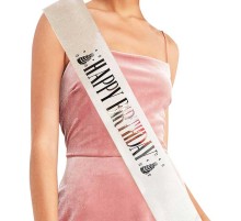 Beyaz Üzeri Gümüş Büyük Happy Birthday Yazılı Simli Işıltılı Kuşak Kemer 10 cm Genişlik