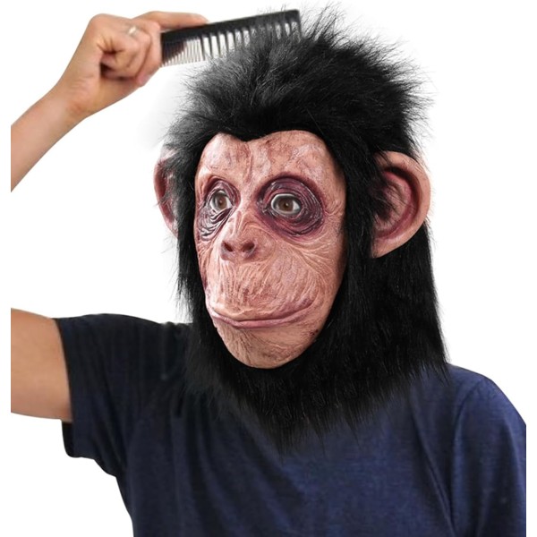 toptan-xml-dropshipping-Siyah Saçlı Kafaya Tam Geçmeli Lateks Şempanze Maskesi - Lateks Maymun Orangutan Goril Maske Et Maske