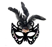 Siyah Renk Siyah Süet Kaplama Tüylü Kelebek Figür Parti Maskesi 24x18 cm