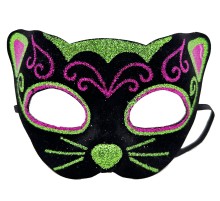 Siyah Kadife Kaplama Üzeri Pembe Yeşil Sim İşlemeli Kedi Maskesi 20x13 cm