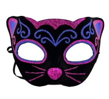 Siyah Kadife Kaplama Üzeri Pembe Mavi Sim İşlemeli Kedi Maskesi 20x13 cm