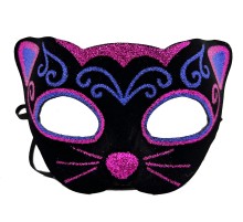 Siyah Kadife Kaplama Üzeri Pembe Mavi Sim İşlemeli Kedi Maskesi 20x13 cm