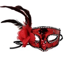 Kırmızı Renk Yandan Tüylü Güllü Gümüş Taşlı Pullu Maske 20x22 cm