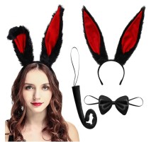 Siyah Kırmızı Renk Peluş Tavşan Kulak Papyon Kuyruk Yetişkin Boy