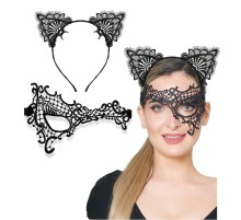 Siyah Renk Dantel Maske ve Dantel Kulak Taç Seti Yetişkin No 13