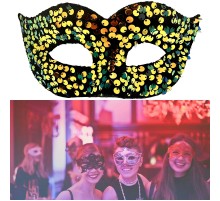 Altın Renk Arkadan Lastikli Pul Payet İşlemeli Balo After Parti Maskesi