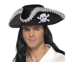 Yetişkin Siyah Denizci Korsan Şapkası Kenarları Gümüş İşlemeli