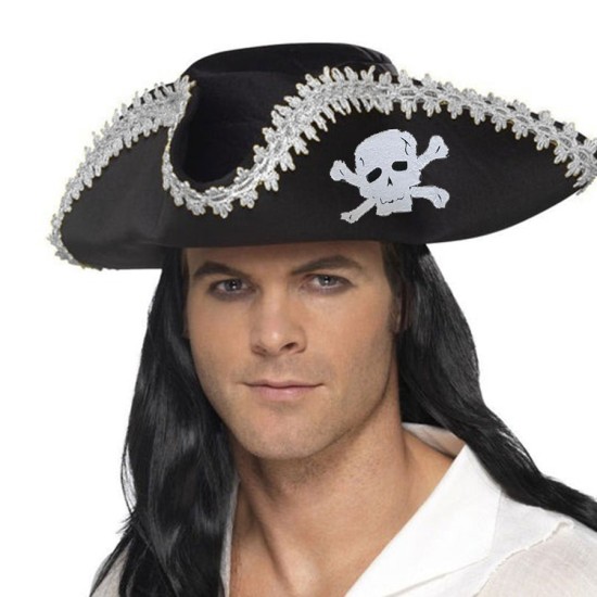 toptan-xml-dropshipping-Yetişkin Siyah Denizci Korsan Şapkası Kenarları Gümüş İşlemeli