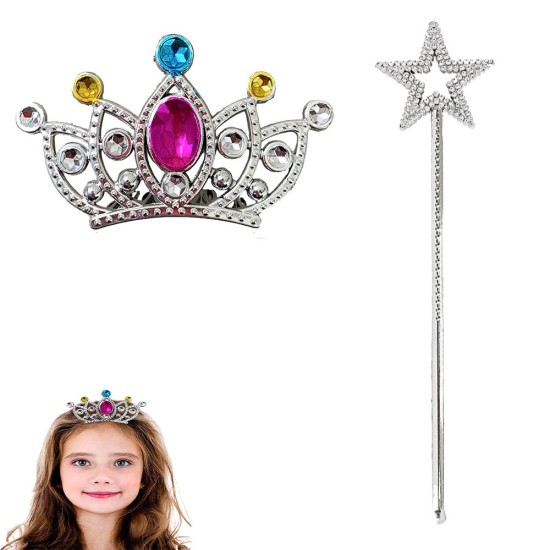 toptan-xml-dropshipping-Çocuklar İçin Taraklı Prenses Tacı ve Prenses Yıldız Asa Seti Gümüş