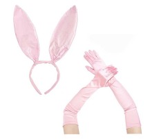 Saten Kaplama Soft Pembe Eldiven 40 cm ve Tavşan Kulak 2 li Set