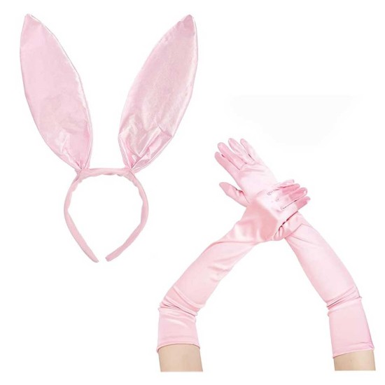 toptan-xml-dropshipping-Saten Kaplama Soft Pembe Eldiven 40 cm ve Tavşan Kulak 2 li Set