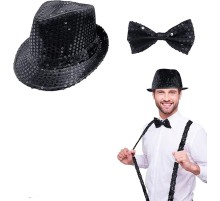 Siyah Payetli Şapka ve Papyon Seti – Parıltılı Yetişkin Kostüm Seti