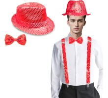 Kırmızı Payetli Şapka ve Papyon Seti – Parıltılı Yetişkin Kostüm Seti