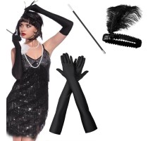 1920'ler Gatsby Aksesuar Seti – Siyah Charleston Saç Bandı, Uzun Eldiven & Sigaralık