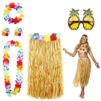 Hawaii Parti Kostüm Seti - 60 cm Hasır Etek, Çiçekli Aksesuarlar ve Ananas Gözlük
