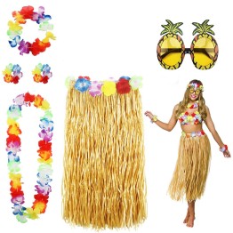 Hawaii Parti Kostüm Seti - 60 cm Hasır Etek, Çiçekli Aksesuarlar ve Ananas Gözlük