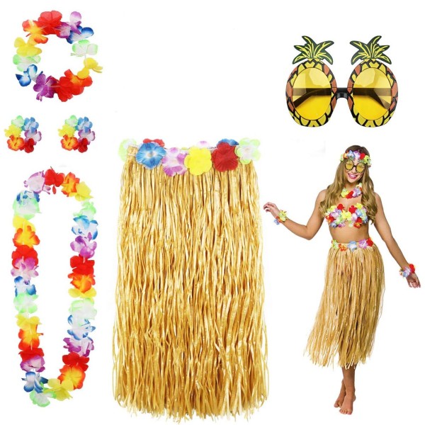 Hawaii Parti Kostüm Seti - 60 cm Hasır Etek, Çiçekli Aksesuarlar ve Ananas Gözlük