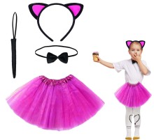 Fuşya Renk Etekli Kedi Kostüm Seti (Tütü, Taç, Papyon, Kuyruk)