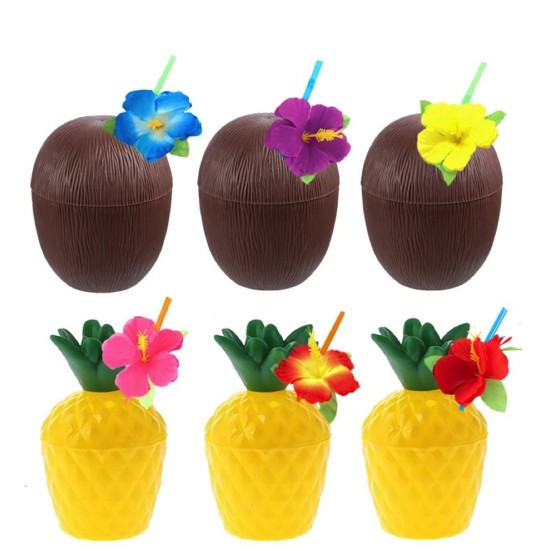 toptan-xml-dropshipping-Ananas & Hindistan Cevizi Tasarımlı Pipetli Bardak Seti (6 Adet)